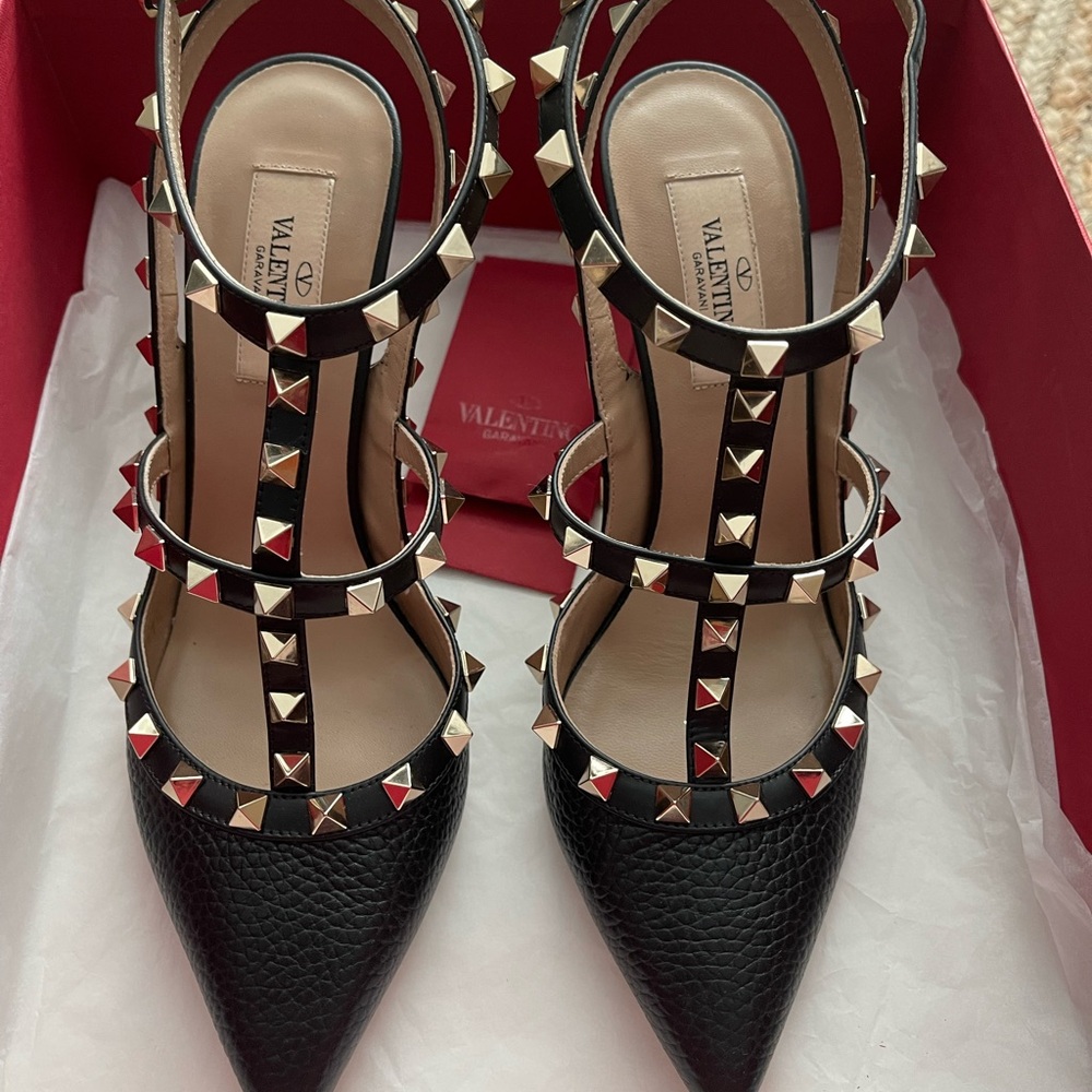 Valentino Black and Gold Studded Heels